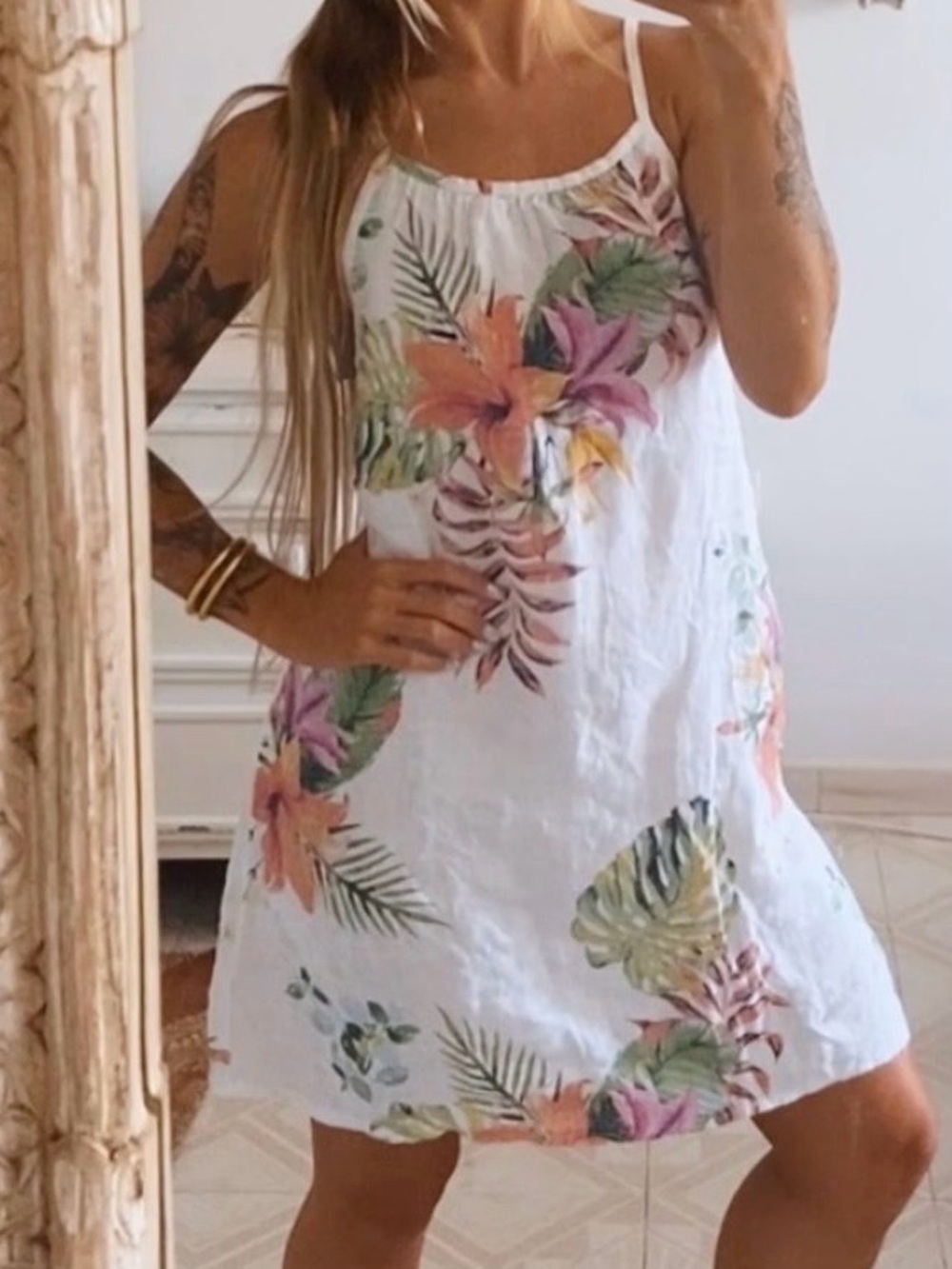 White Floral Linen Dress Tropical Print